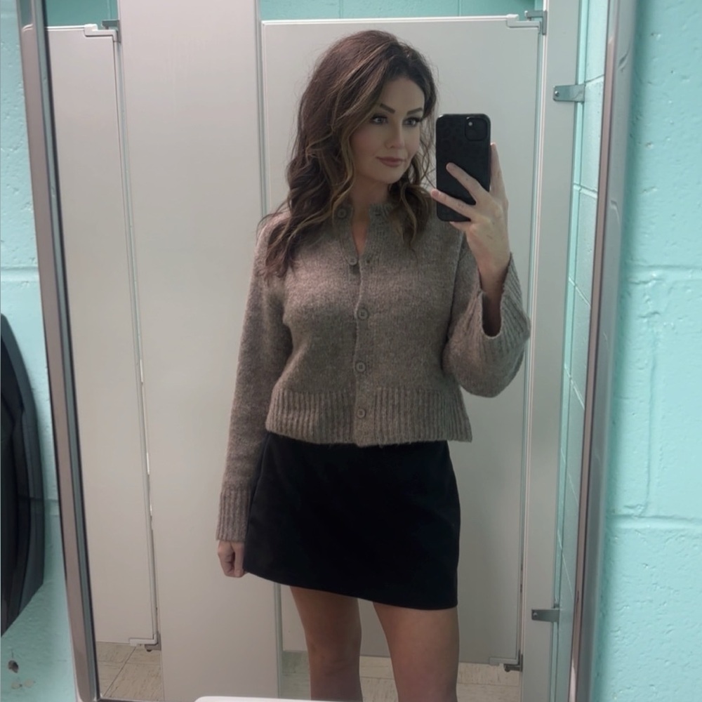 Miou Muse Cropped Taupe Knit Button-Up Cardigan